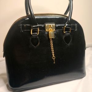 Aldo Black Patent Dome Satchel with Gold Hardware